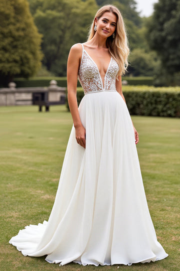 Chiffon Ivory Appliques Deep V Neck A Line Wedding Dress